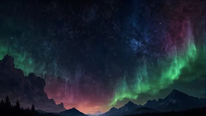 Fotobehang Illustration of a fantastical night sky backdrop adorned with spreading auroras Generative AI © Haroon