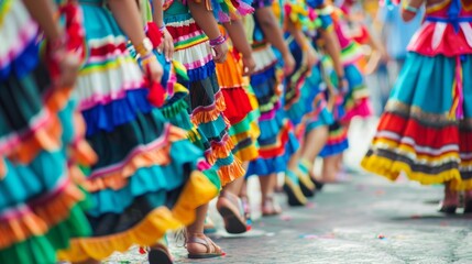A line of traditional dancers from different cultures parade through the streets their vibrant...
