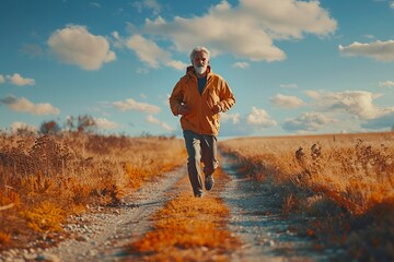 Elderly man happily running on grassland under cloudy sky - obrazy, fototapety, plakaty