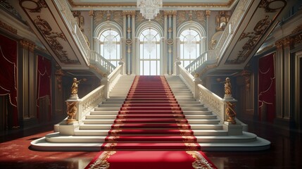 Regal Red Carpet Staircase with Ornate Golden railing, luxury Interior design © Vladimir