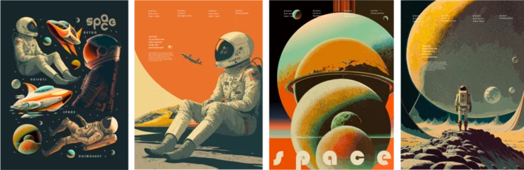  Space, science fiction, future. Vector retro illustrations of astronaut, galaxy, planet, moon, space objects for poster, background or cover © Ardea-studio