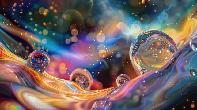 Psychedelic colorful abstract art with fluid soap bubble elements and surreal patterns of rainbows and moving colors