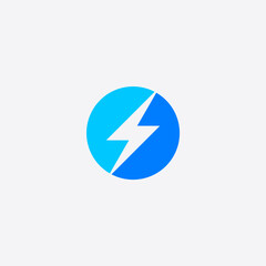 Flash bolt logo inside two tone blue circle.