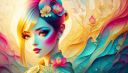 花と女と金のポップアート　AI画像　ジェネレーティブAI