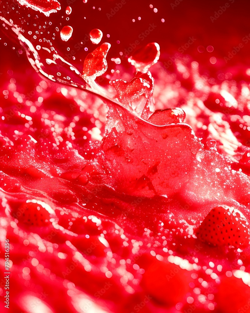 Wall mural closeup of a strawberry in a bowl of carmine liquid