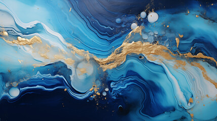 Abstract Blue and Gold Marble Texture with Fluid Art Patterns