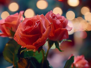 Vibrant Red Roses with Bokeh Lights