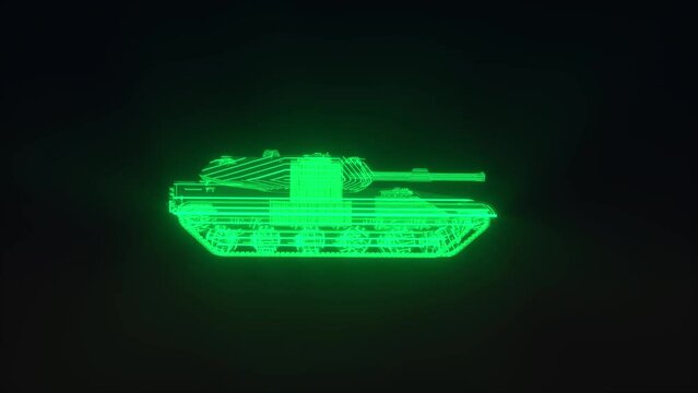 a tank in the form of a computer hologram in a 3D military radar render