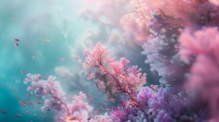 Defocused image 2 The blurred outlines of sprawling coral reefs and swaying underwater plants cast in soft shades of pink purple and aquamarine. Playful sea creatures dart in and out .
