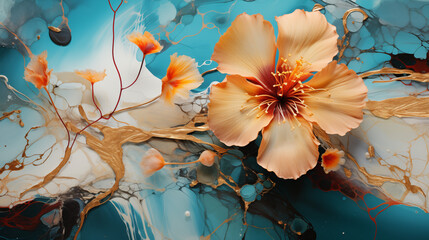 Pastel Orange Floral Art on Abstract Blue Background