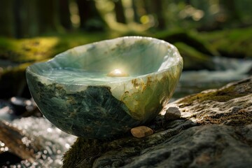 Tranquil natural stone bowl in forest stream