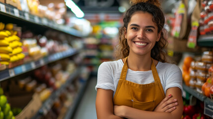 Young latin shopkeeper girl with arms crossed smiling happy at the fruit store. - obrazy, fototapety, plakaty
