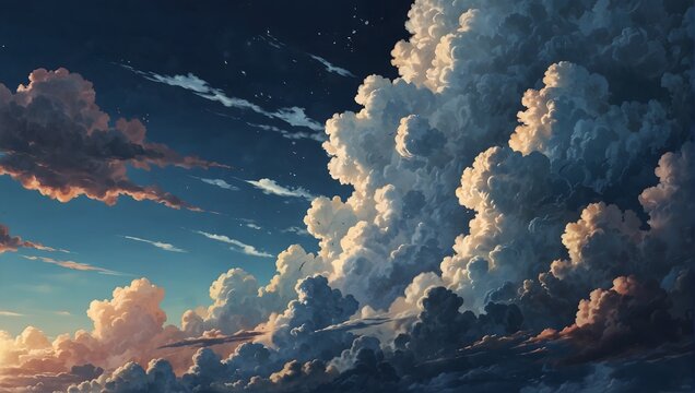 Anime-style illustration of a summer sky with cumulonimbus clouds Generative AI