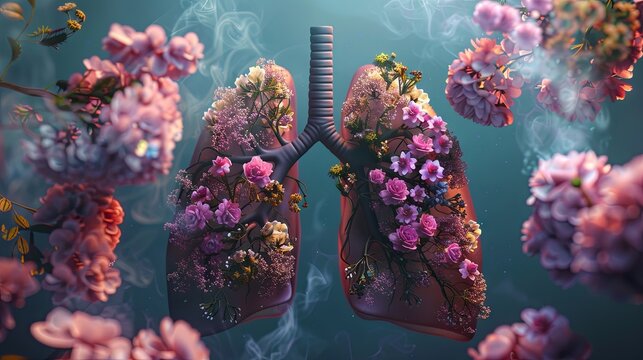 Clean lungs with flowers concept drawing painting art wallpaper background