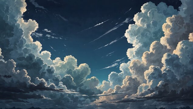 Anime-style illustration of a summer sky with cumulonimbus clouds Generative AI