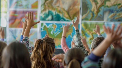 A geologist using maps and models to illustrate plate tectonics and how it can cause natural disasters captivating a group of students with their hands raised to ask questions. .
