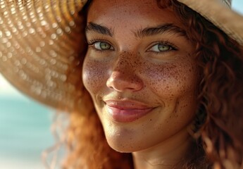 Freckled woman with sun hat