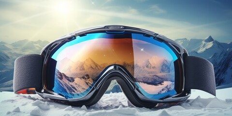 ski goggles with mountain reflection Generative AI