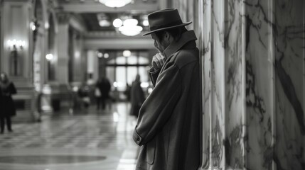 A person clad in a long coat and fedora leans against a marble pillar face partially obscured as they observe the activity in . . - obrazy, fototapety, plakaty
