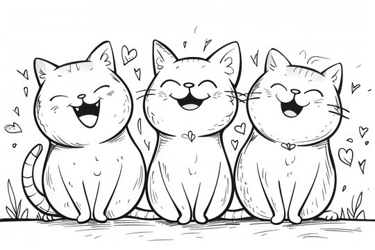 joyful trio of cartoon cats coloring page with hearts for kids