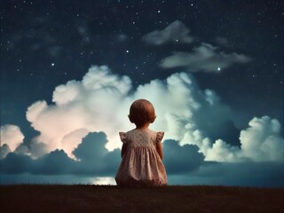 a little girl is sitting on a ledge looking at the sky at night - obrazy, fototapety, plakaty