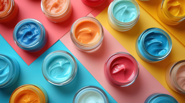 colorful array of vibrant cosmetic creams in jars for skincare and beauty treatment promotion