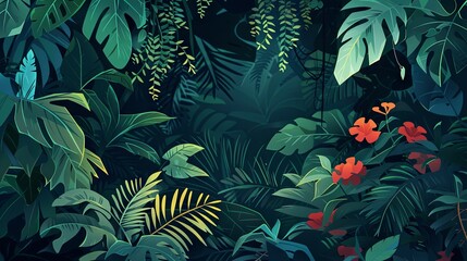 Obraz premium Tropic jungle forest flowers wildlife concept drawing painting art wallpaper background