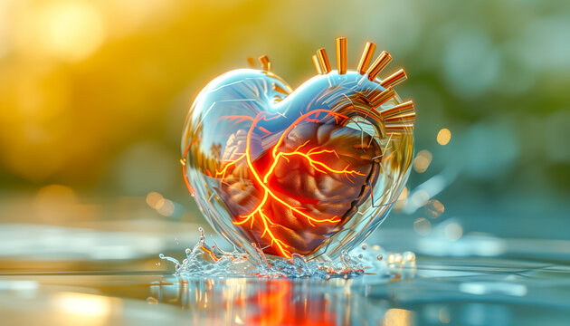 Glittering glass heart. Transparent heart. Heart in the water. 
