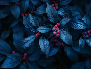 Vibrant Blue Leaves and Red Berries