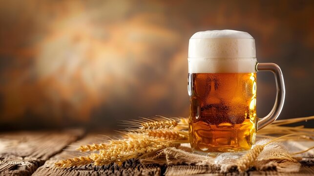 Glass of beer on wooden table, weat decoration, clean background