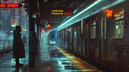 The image depicts a person standing on a train platform, and they are wearing a dark coat - obrazy, fototapety, plakaty