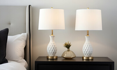 Two modern-style table lamps are placed on a sideboard next to a stylish