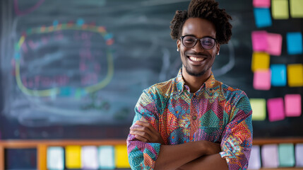 Smiling African American male teacher off center in front of colorful classroom blackboard chalkboard positive emotion back to school
