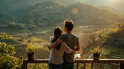 A man and woman stand on a balcony overlooking a beautiful green valley. backs are turned to the camera as they chat arms . . - Powered by Adobe