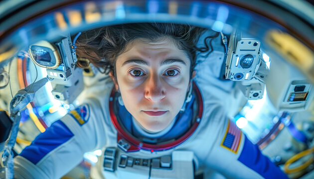 Astronaut woman in orbit, inside a rocket in space. Astronaut in space.
