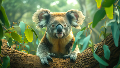 Koala climbing a tree. Koala in the tree looking for food. - obrazy, fototapety, plakaty