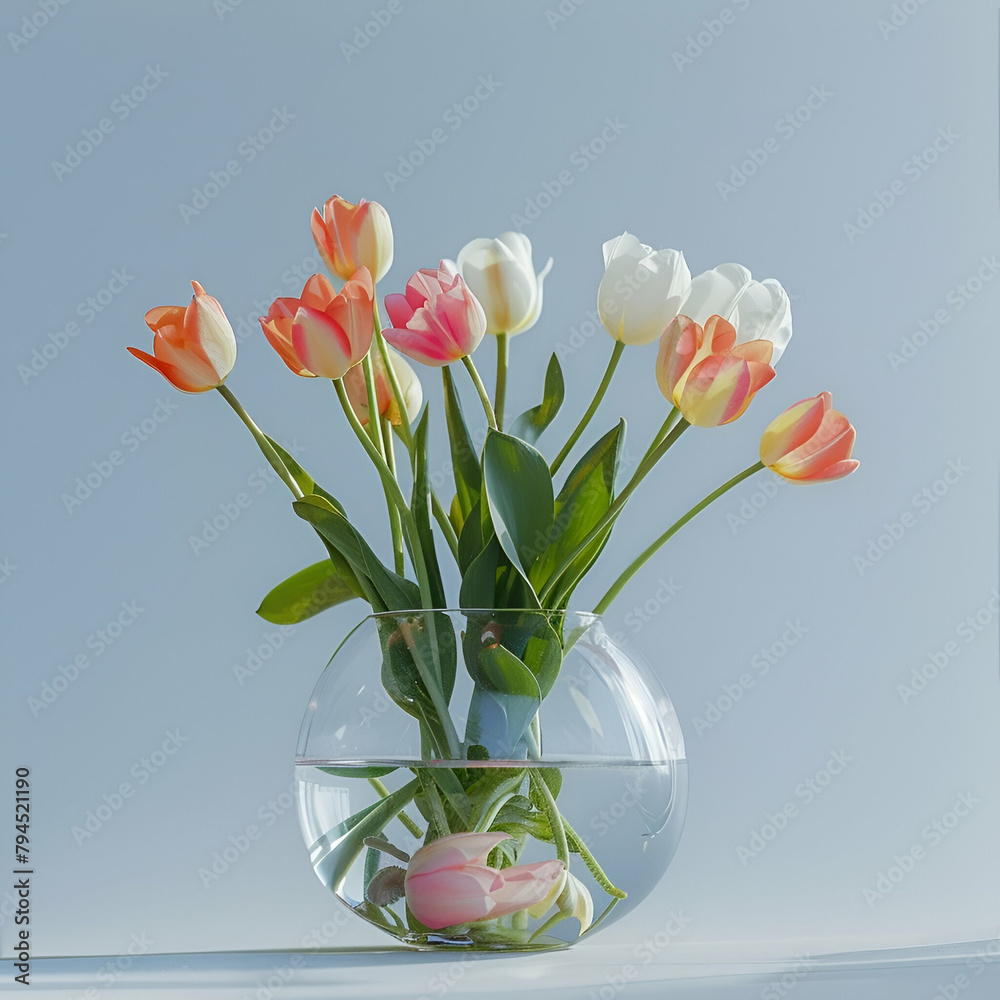 Wall mural Blooming tulips, flowers in a fishbowl, bright weather, minimalist style