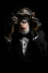 Chimpanzee in suit and reading glasses posing as if adjusting eyewear.