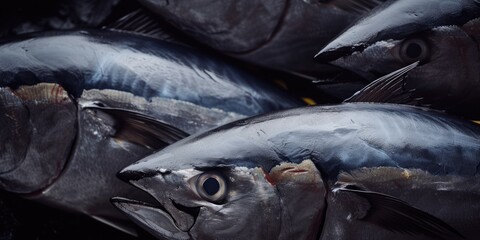 Obraz premium Tuna fish in a seafood market, close-up view.