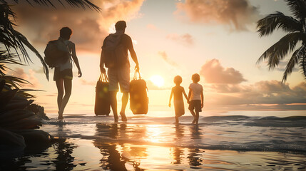 Family Walking on Beach During Sunset Holiday