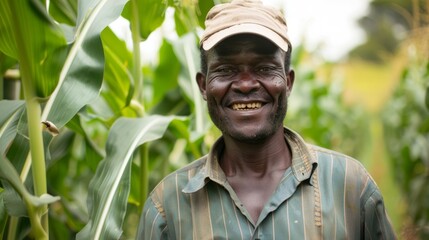 A farmer smiles as he examines the robust healthy crops growing in his fields thanks to the implementation of ecofriendly biofuel practices. . - obrazy, fototapety, plakaty