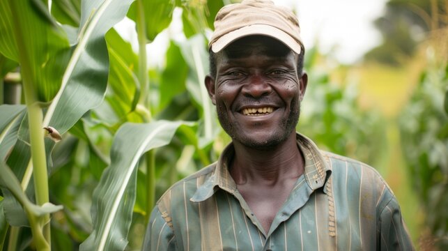 A farmer smiles as he examines the robust healthy crops growing in his fields thanks to the implementation of ecofriendly biofuel practices. .