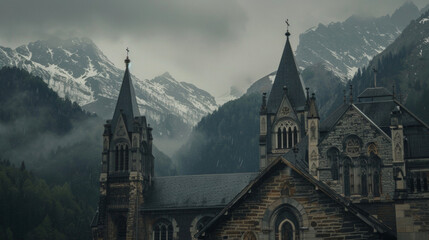 Fototapeta na wymiar In the distance rugged mountains can be seen behind the cathedral adding to the wild and mysterious atmosphere of the building. .