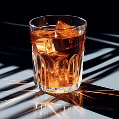Elegant glass of amber-colored liquor on a reflective surface