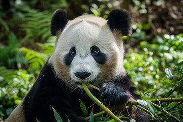 Adorable panda bear eating bamboo in lush forest