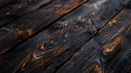 An image showcasing a close-up texture of dark stained wooden planks with a visible wood grain pattern. 