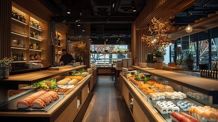 An elegant sushi restaurant interior with a chef preparing dishes and an array of sushi on display...