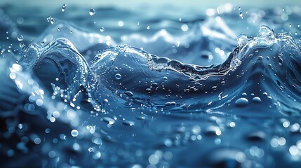 Dynamic close-up of crystal-clear water waves with sparkling droplets captured in high definition against a blurred background, ideal for fresh concepts and hydration themes. 
