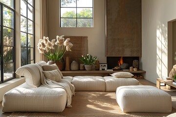 A cozy modern living room bathed in natural light, featuring a stylish sofa, a lit fireplace, and elegant home decor. 