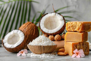 Nourishing coconut skincare products display